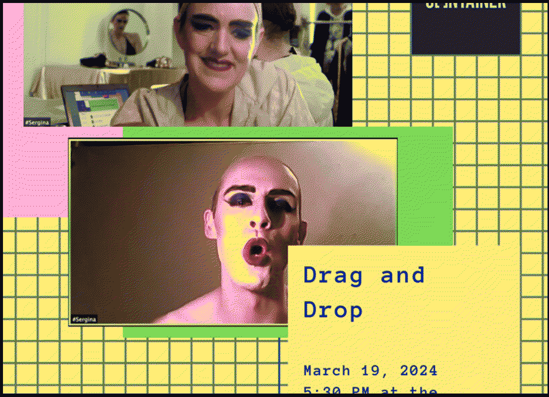 A dithered image of two drag performers