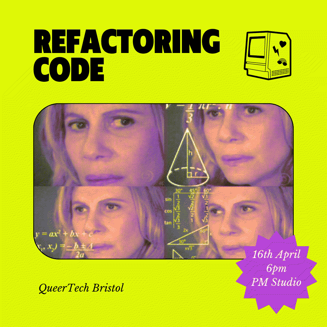 A dithered image of a woman looking increasingly confused thinking about refactoring
